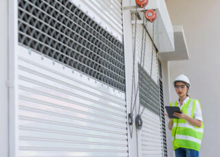 Engineer inspecting a roll-up steel door installation